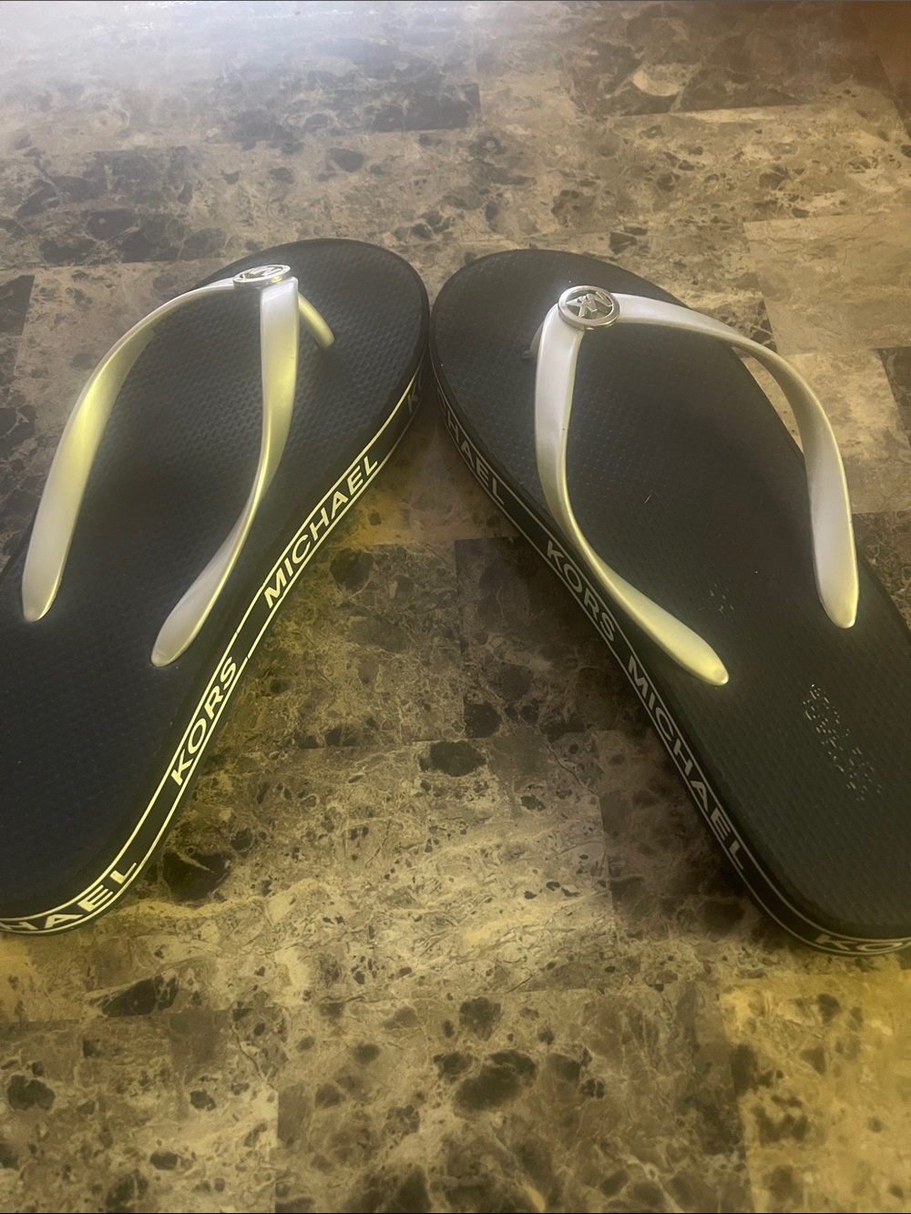 Michael Kors Black Footbed Flip Flops with Silver Straps